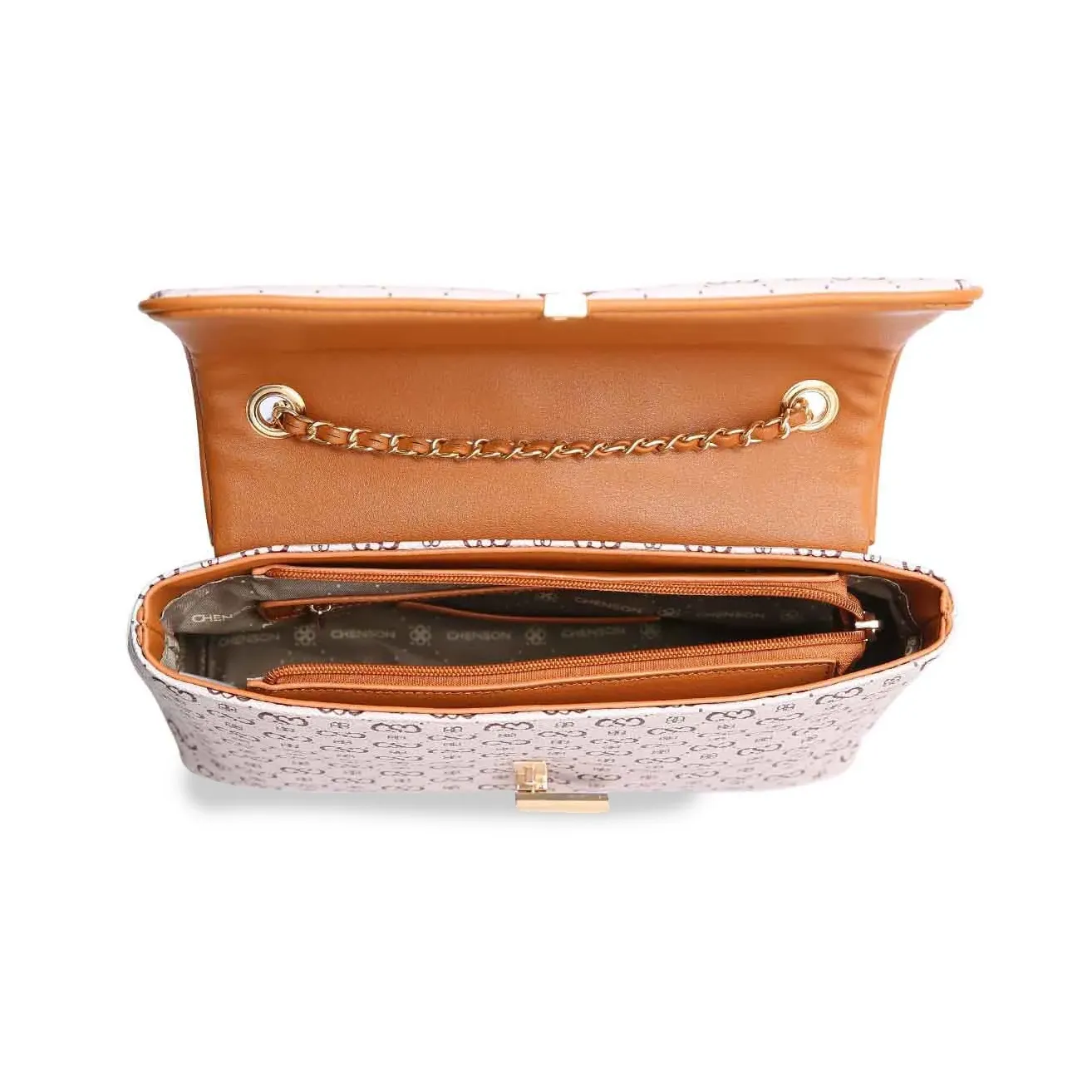 Interior da bolsa Chenson Elegance Luxo bege mostrando o forro em algodão e compartimentos internos.
